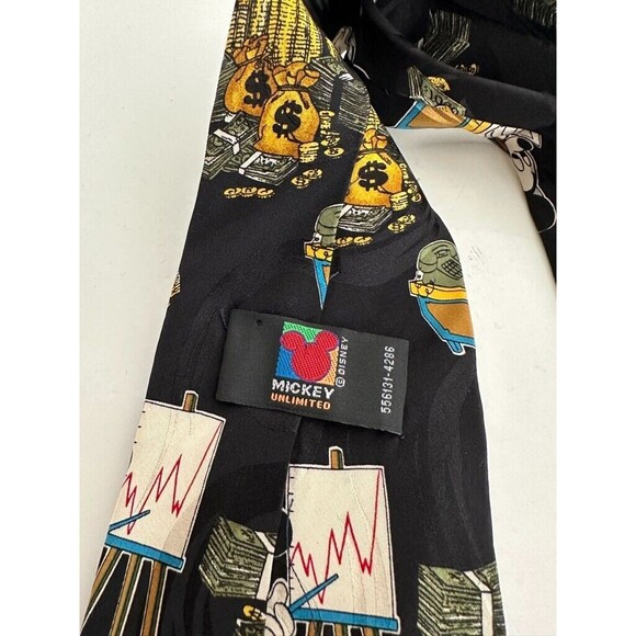 Disney Mickey Mouse Silk Tie Money Office Stock Market Black Workwear Vintage - Picture 5 of 5